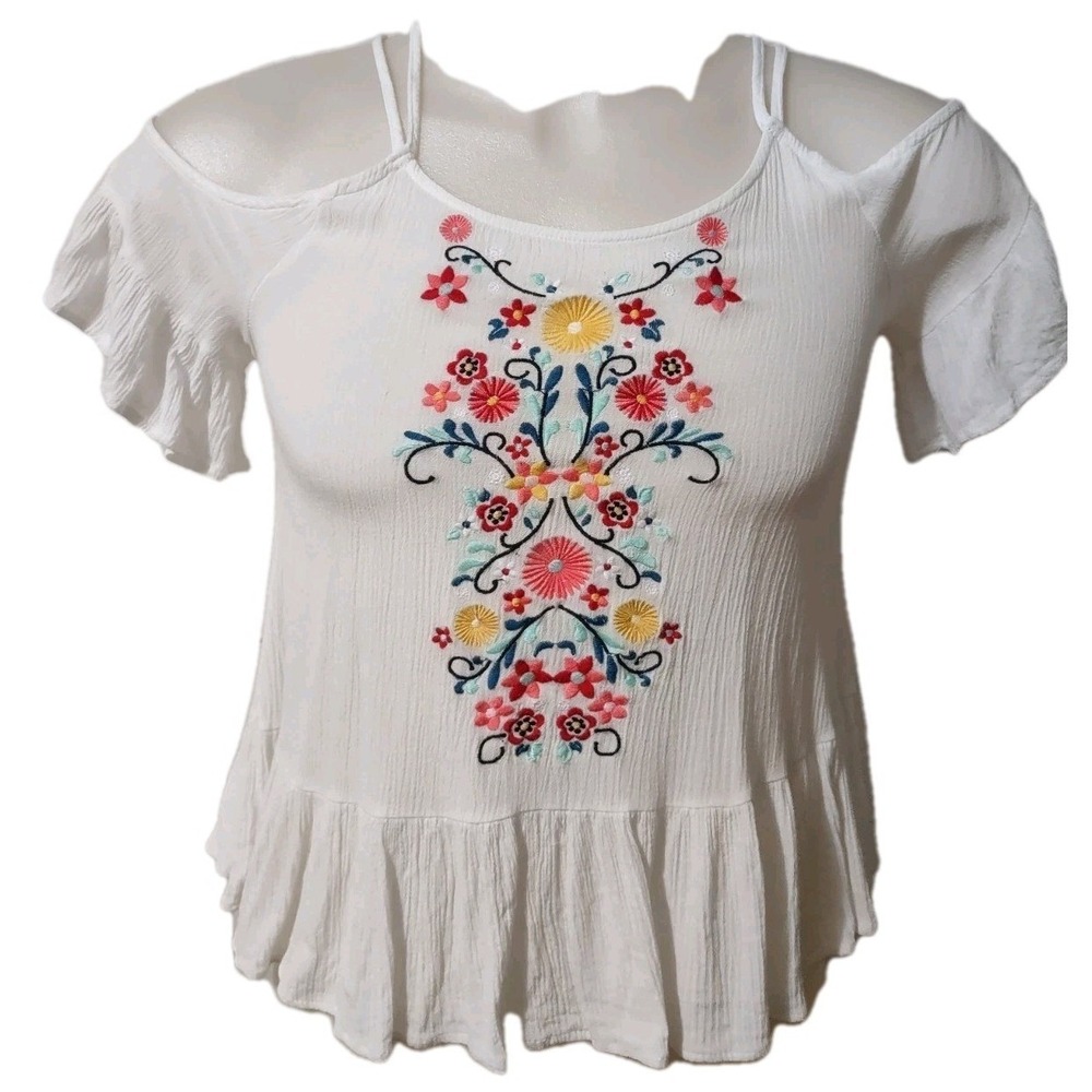 Almost Famous Shirt Women's S Cold Shoulder Embroidered Flowers White Whimsical